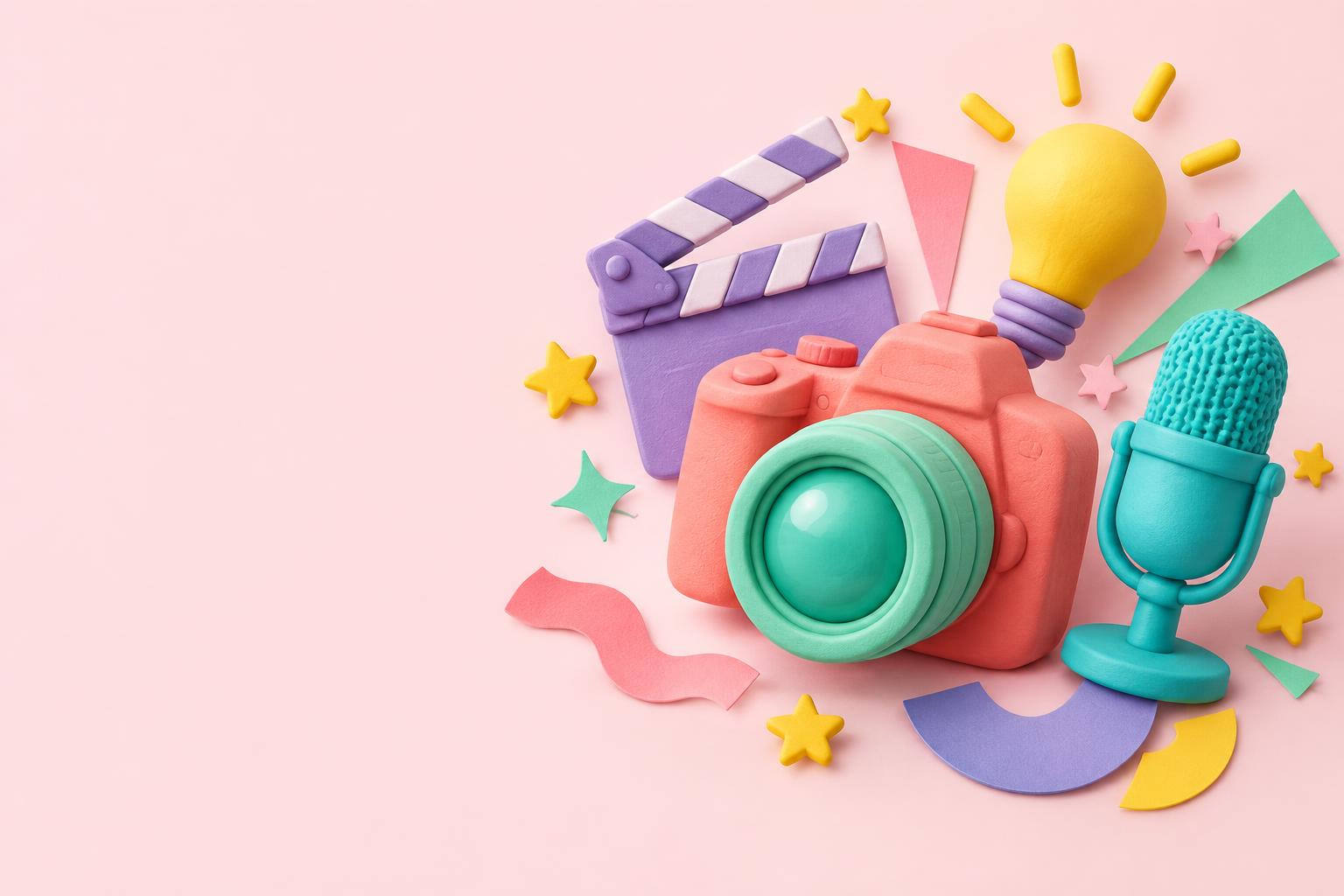Playful coral camera, mint microphone and sunny light bulb